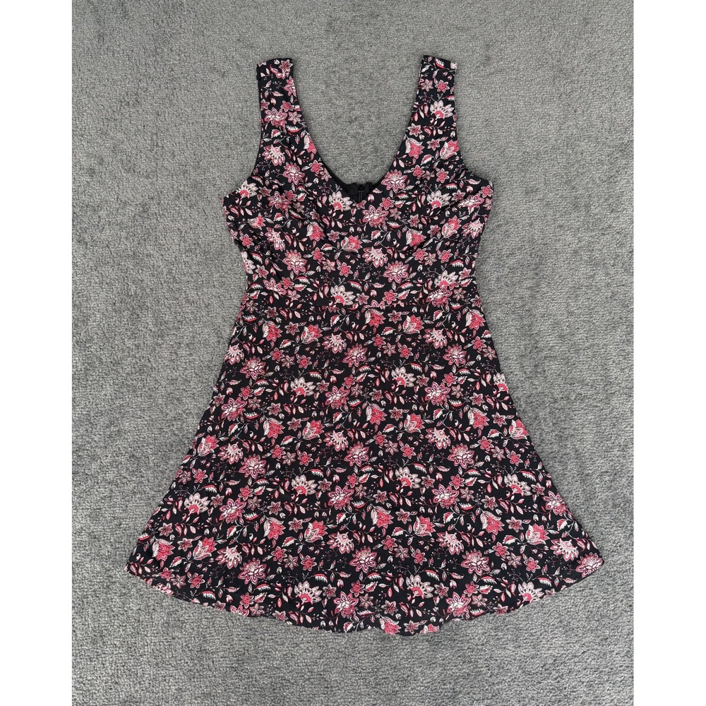 Forever 21 Womens Small Black Pink Floral V-Neck Fit & Flare Mini Dress 00123390